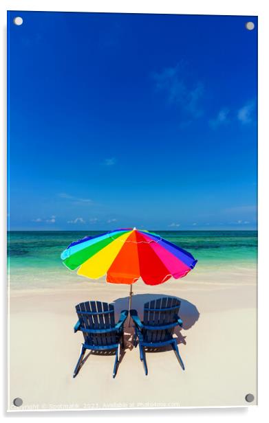 Bahamas beach umbrella and chairs on sandy beach  Acrylic by Spotmatik 