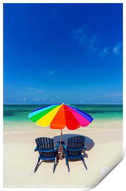 Bahamas beach umbrella and chairs on sandy beach  Print by Spotmatik 