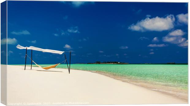 Hammock swaying in the breeze over white sands  Canvas Print by Spotmatik 