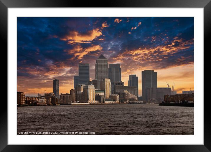 Panoramic skyline of Canary Wharf,  from Limehouse Framed Mounted Print by Luigi Petro