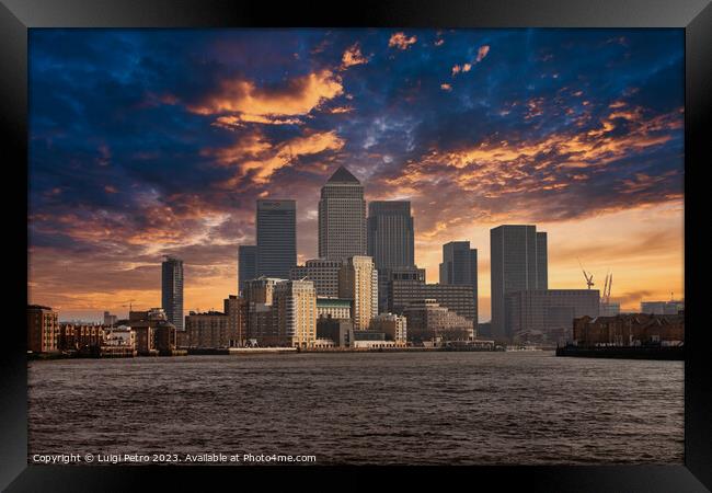 Panoramic skyline of Canary Wharf,  from Limehouse Framed Print by Luigi Petro