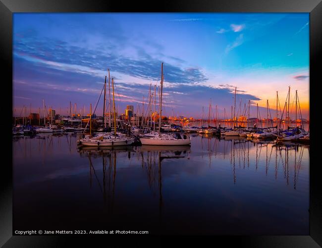 Sun Setting over the Marina  Framed Print by Jane Metters