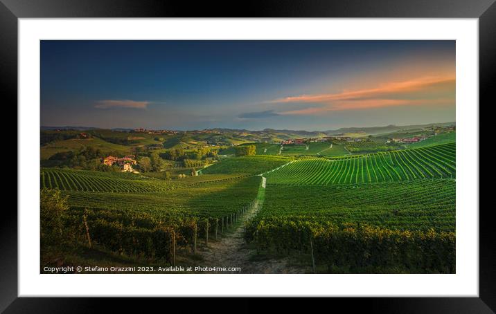 Langhe, path among the vineyards at sunset, La Morra, Piedmont,  Framed Mounted Print by Stefano Orazzini