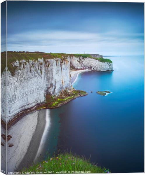 Etretat coast, rocky cliff and beach. Aerial view. Normandy, Fra Canvas Print by Stefano Orazzini