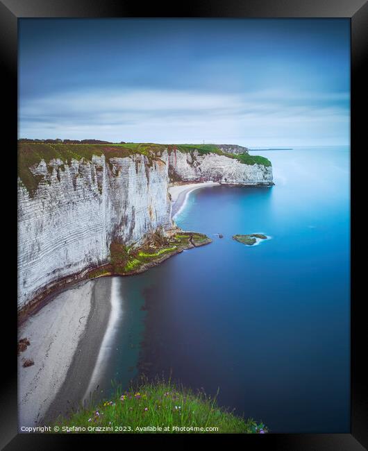 Etretat coast, rocky cliff and beach. Aerial view. Normandy, Fra Framed Print by Stefano Orazzini