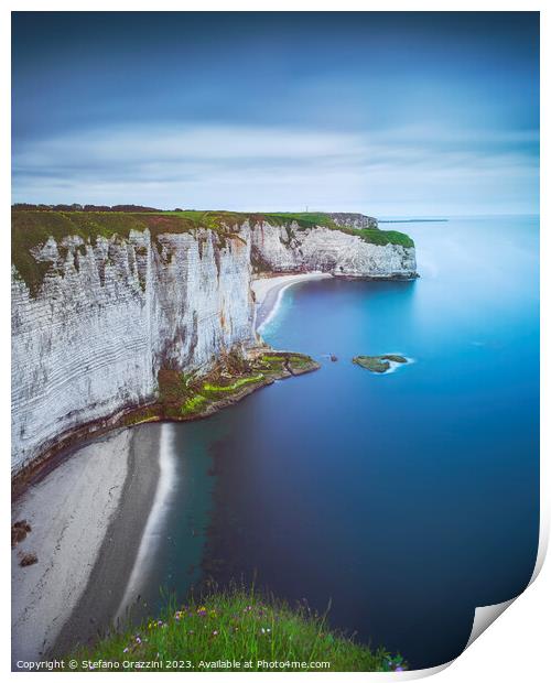 Etretat coast, rocky cliff and beach. Aerial view. Normandy, Fra Print by Stefano Orazzini