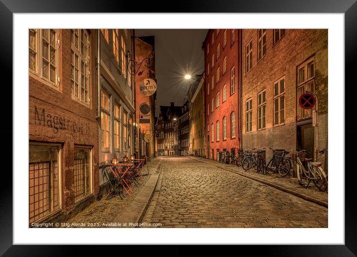 the alleyway Magstræde in Copenhagen at night  Framed Mounted Print by Stig Alenäs