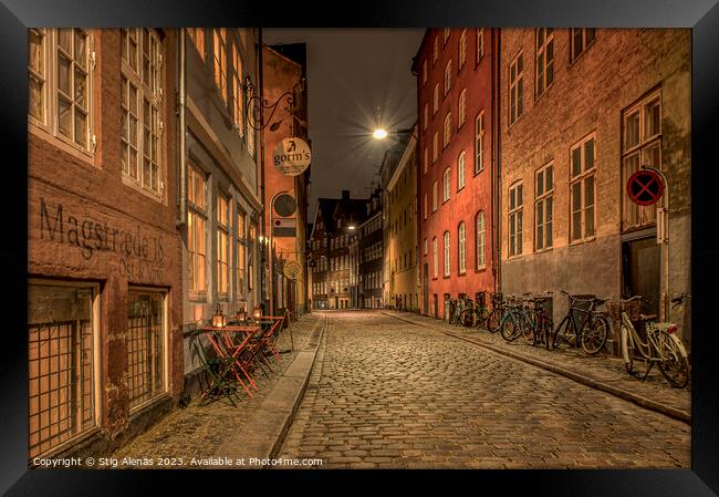 the alleyway Magstræde in Copenhagen at night  Framed Print by Stig Alenäs