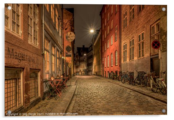 the alleyway Magstræde in Copenhagen at night  Acrylic by Stig Alenäs