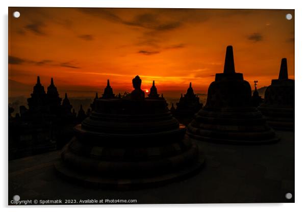 Sunrise over Borobudur a religious ruined temple Java  Acrylic by Spotmatik 