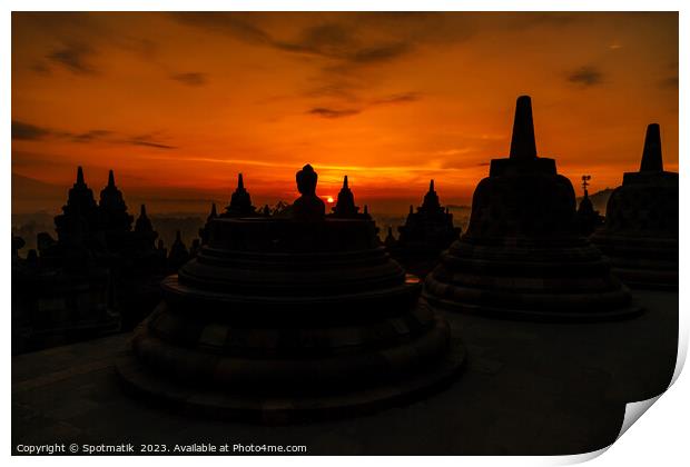 Sunrise over Borobudur a religious ruined temple Java  Print by Spotmatik 