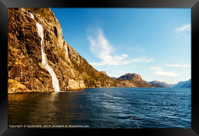 Norwegian scenic cliff waterfall Lysefjorden fjord Norway Europe Framed Print by Spotmatik 