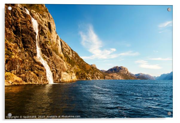 Norwegian scenic cliff waterfall Lysefjorden fjord Norway Europe Acrylic by Spotmatik 