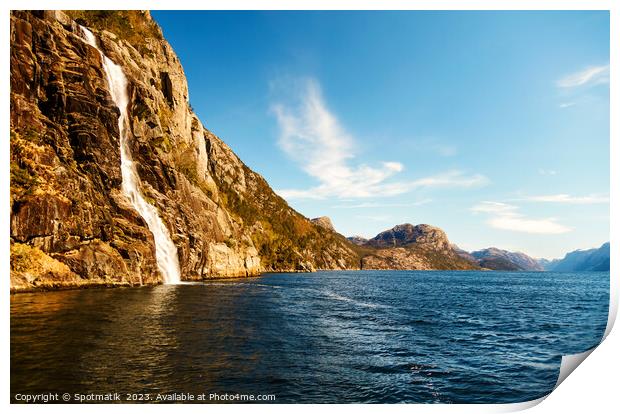 Norwegian scenic cliff waterfall Lysefjorden fjord Norway Europe Print by Spotmatik 