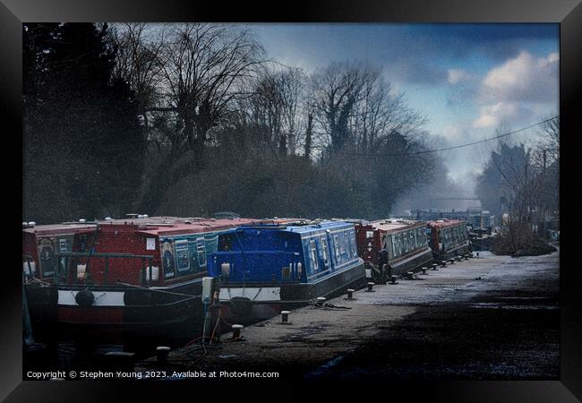 Narrow Boats in Winter Framed Print by Stephen Young