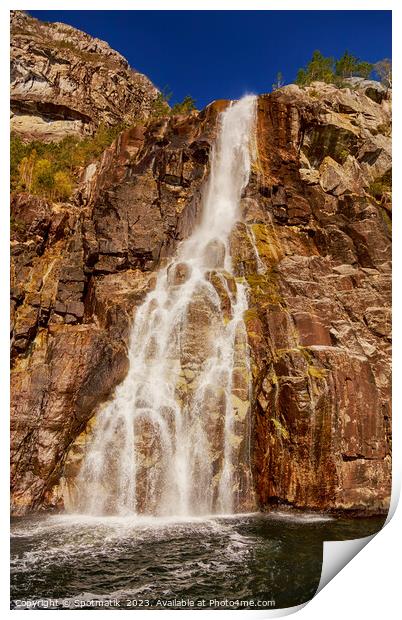 View of Norwegian waterfall cascading into Lysefjorden fjord  Print by Spotmatik 