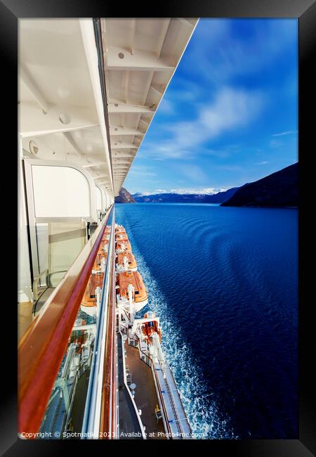 Cruise Ship balcony view of scenic Norwegian Fjord  Framed Print by Spotmatik 