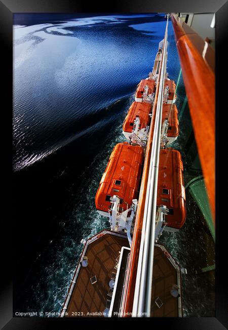 View of Cruise Ship lifeboats from balcony Norway  Framed Print by Spotmatik 