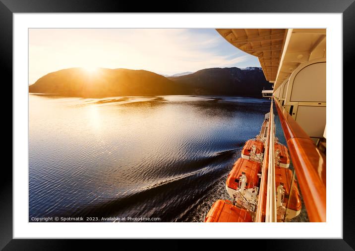 Sunset view Fjord from balcony cabin Cruise ship  Framed Mounted Print by Spotmatik 