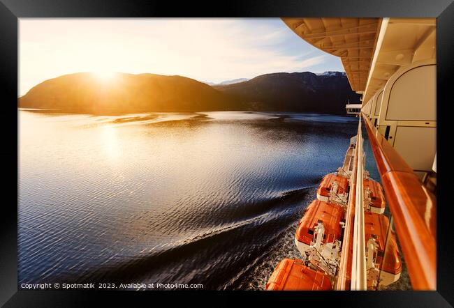 Sunset view Fjord from balcony cabin Cruise ship  Framed Print by Spotmatik 