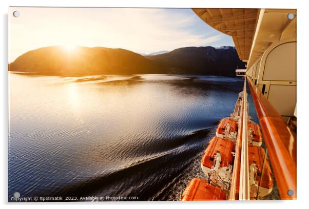 Sunset view Fjord from balcony cabin Cruise ship  Acrylic by Spotmatik 