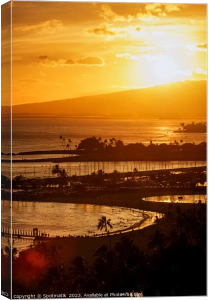 Oahu Island Hawaiian coastal sunset Waikiki Pacific ocean Canvas Print by Spotmatik 