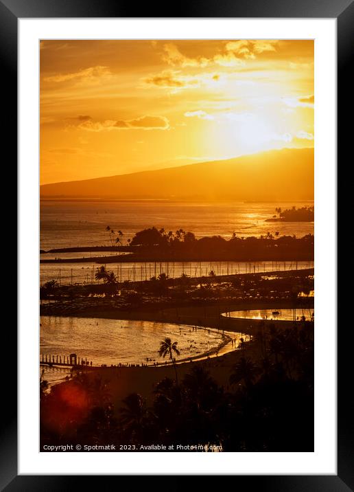 Oahu Island Hawaiian coastal sunset Waikiki Pacific ocean Framed Mounted Print by Spotmatik 