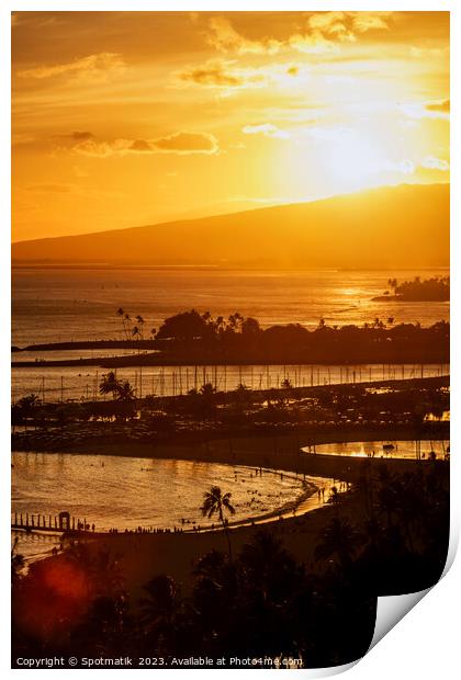 Oahu Island Hawaiian coastal sunset Waikiki Pacific ocean Print by Spotmatik 