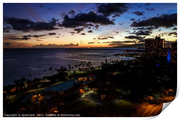 Waikiki sunset illuminated view at dusk Pacific ocean Print by Spotmatik 