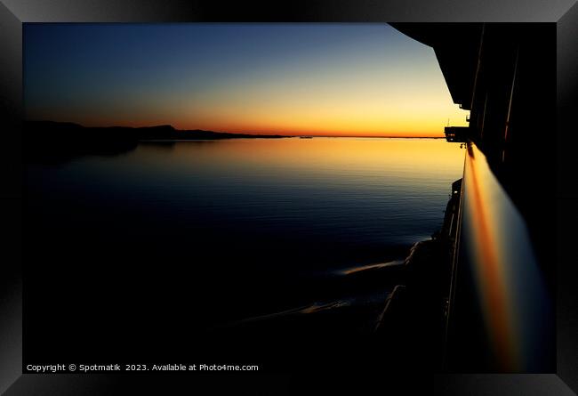 Cruise Ship sunset view of scenic Norwegian Fjord  Framed Print by Spotmatik 