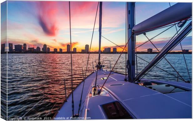 Cityscape view from luxury yacht with beautiful sunrise Canvas Print by Spotmatik 