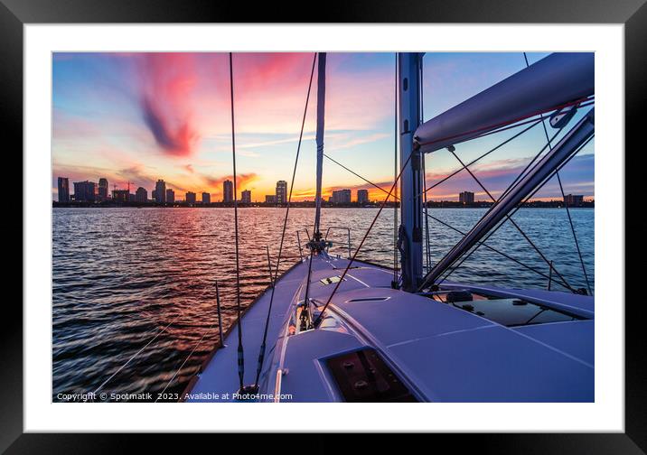 Cityscape view from luxury yacht with beautiful sunrise Framed Mounted Print by Spotmatik 