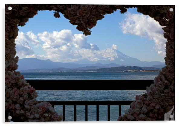 Mount Fuji seen through a heart-shaped frame with flowers Acrylic by Lensw0rld 