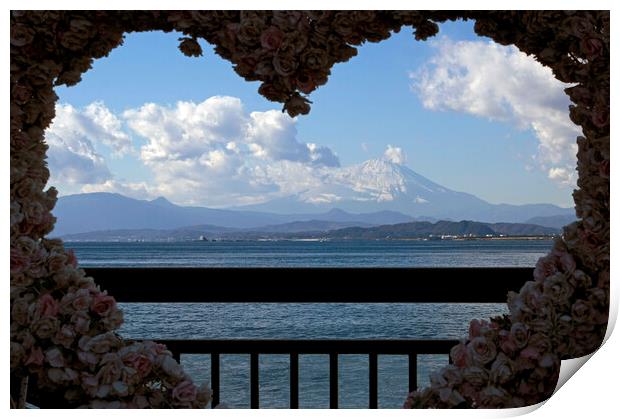 Mount Fuji seen through a heart-shaped frame with flowers Print by Lensw0rld 
