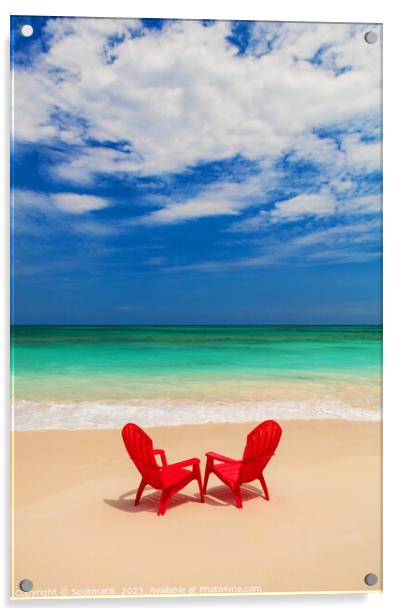 Red chairs on sandy beach by ocean Bahamas Acrylic by Spotmatik 
