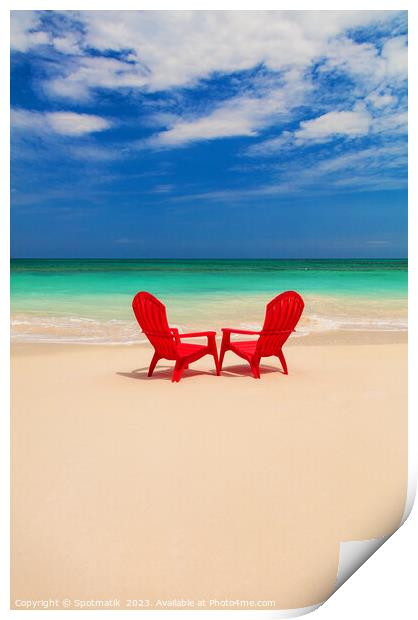 Tranquil holiday destination with red chairs on beach Print by Spotmatik 
