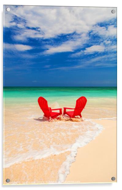 Red chairs on shoreline of sandy beach Bahamas Acrylic by Spotmatik 