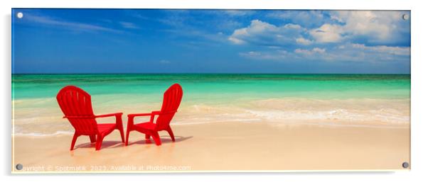 Panoramic red travel chairs on white sandy beach Acrylic by Spotmatik 