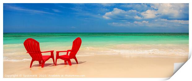 Panoramic red travel chairs on white sandy beach Print by Spotmatik 