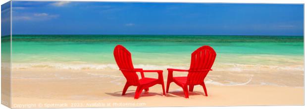 Panoramic red chairs on beach with turquoise ocean Canvas Print by Spotmatik 