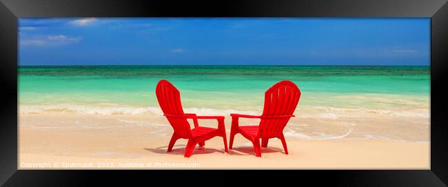 Panoramic red chairs on beach with turquoise ocean Framed Print by Spotmatik 