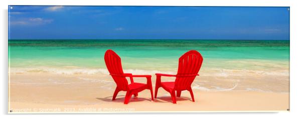 Panoramic red chairs on beach with turquoise ocean Acrylic by Spotmatik 