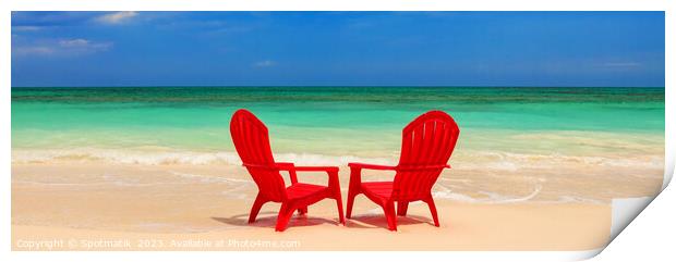 Panoramic red chairs on beach with turquoise ocean Print by Spotmatik 