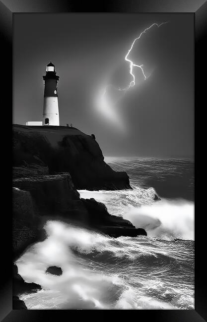 Thunderous Sea Beacon Framed Print by Roger Mechan
