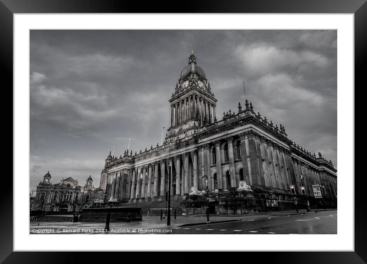 Leeds Town Hall  - Black and White  Framed Mounted Print by Richard Perks