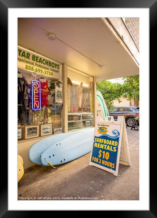 Waikiki Surf Shop Framed Mounted Print by Jeff Whyte