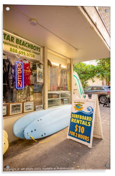 Waikiki Surf Shop Acrylic by Jeff Whyte