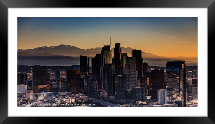 Aerial Panorama view at dawn downtown Los Angeles  Framed Mounted Print by Spotmatik 