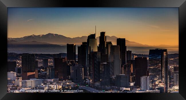 Aerial Panorama view at dawn downtown Los Angeles  Framed Print by Spotmatik 