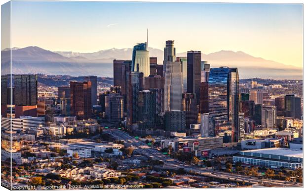 Aerial city sunrise view over Metropolitan Los Angeles  Canvas Print by Spotmatik 